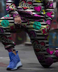 Women's Big & Tall 2 Piece Sweatsuit Kiss Love Stripe Hoodie Pants Set