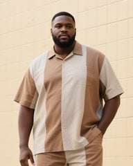 Big & Tall Men's Street Fashion Daily Casual Khaki Spelling Brown Striped Shirt Shorts Suit