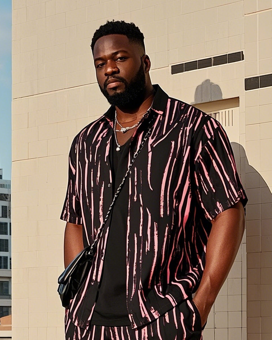 Big Men's Fashion Red Black Irregular Stripe Color Block Printing Short Sleeve Shirt Shorts Suit