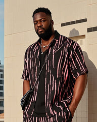 Big Men's Fashion Red Black Irregular Stripe Color Block Printing Short Sleeve Shirt Shorts Suit