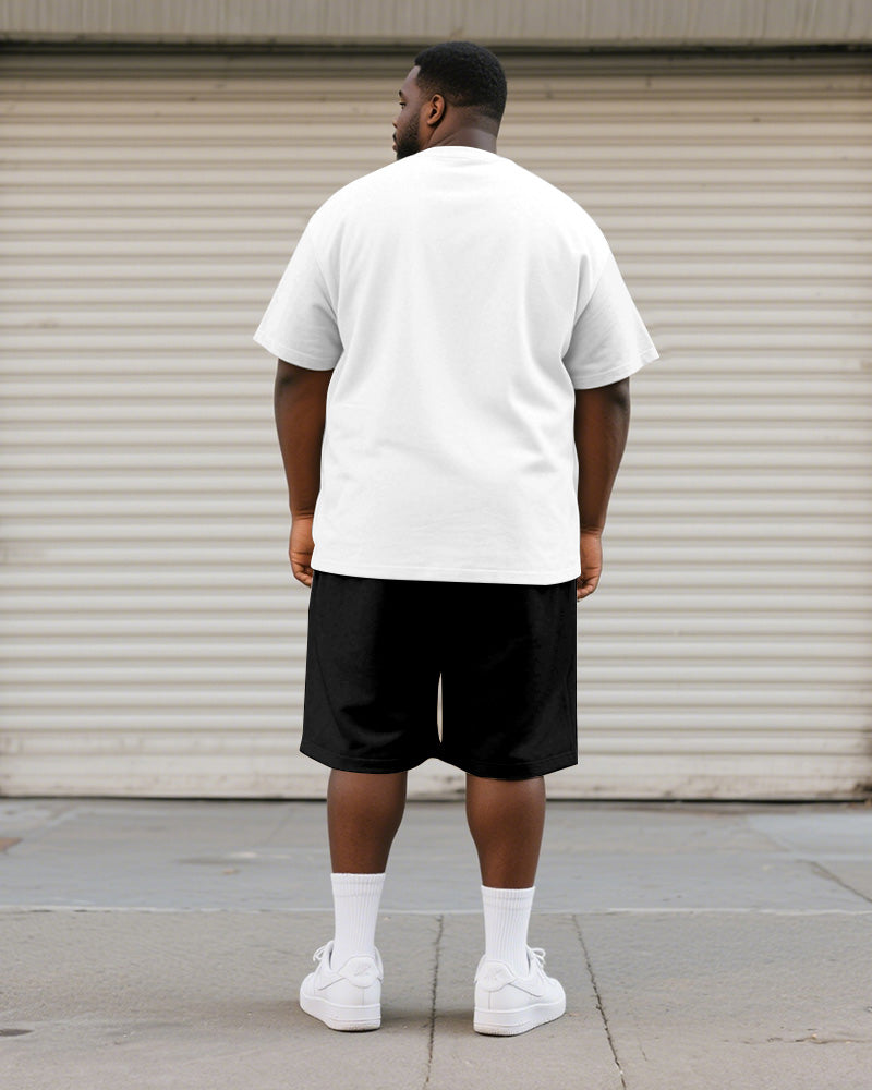 Big & Tall Men's Black And White Line Curved Lizard Print Round Neck Short Sleeve T-Shirt Shorts Suit