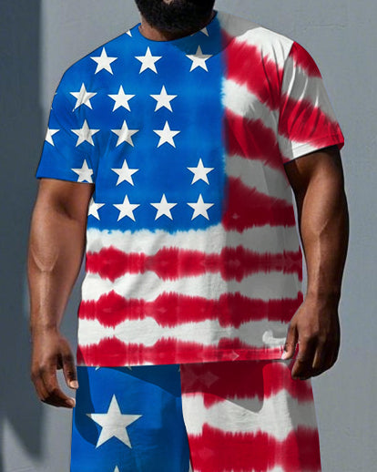Big & Tall Men's National Flag Splicing Print Independence Day Short-Sleeve T-shirt Shorts Set