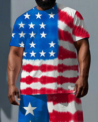Big & Tall Men's National Flag Splicing Print Independence Day Short-Sleeve T-shirt Shorts Set