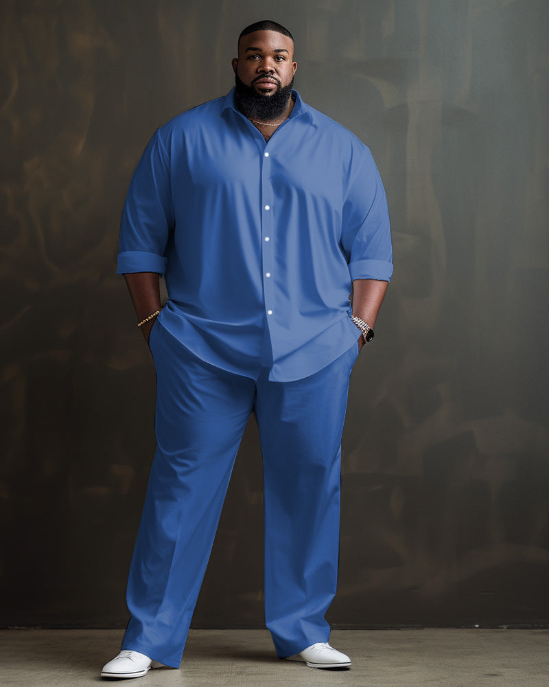 Solid Color Big Guys Long Sleeve Lapel Shirt and Pants Set