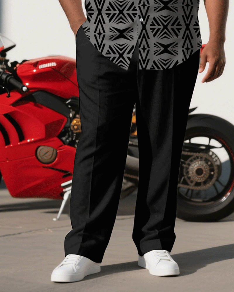 Big & Tall Men's Business Black Jacquard Retro Geometric Pattern Short Sleeve Shirt Pants Suit