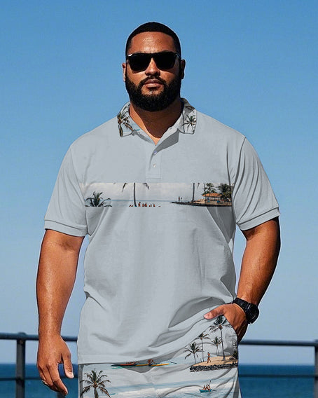 Big Men's Hawaii Theme Seaside Scene Stripe Printed Casual Short Sleeve Polo Shirt Shorts Set