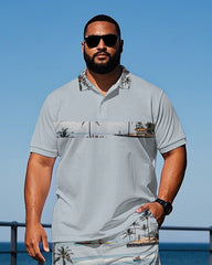 Big Men's Hawaii Theme Seaside Scene Stripe Printed Casual Short Sleeve Polo Shirt Shorts Set