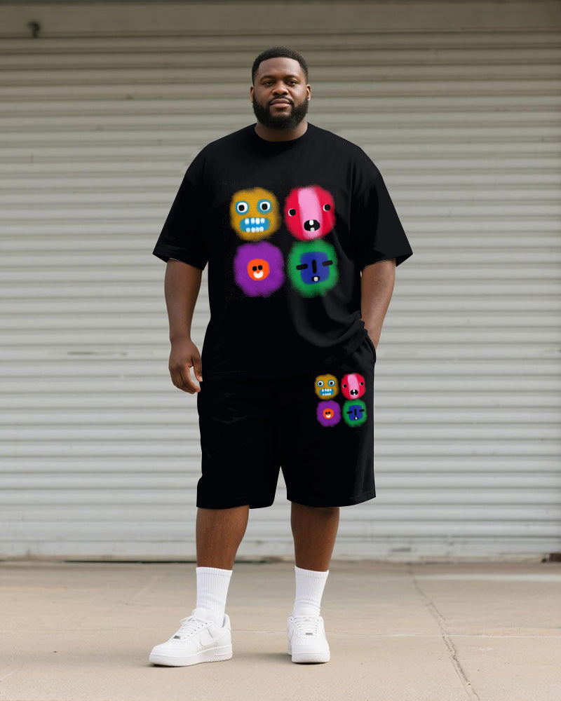 Big & Tall Men's Black Expression Graffiti Print Round Neck Short Sleeve T-Shirt Shorts Suit