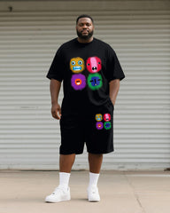 Big & Tall Men's Black Expression Graffiti Print Round Neck Short Sleeve T-Shirt Shorts Suit