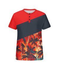 Men's Plus Size Hawaiian Red Patchwork Coconut Tree Print Henry Collar Button Short Sleeve Tee