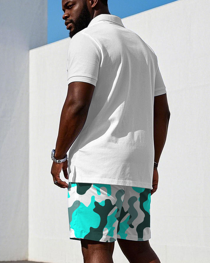 Irregular Geometric Chest "brother" Print Casual Short Sleeve POLO Shorts Suit Men's Plus Size