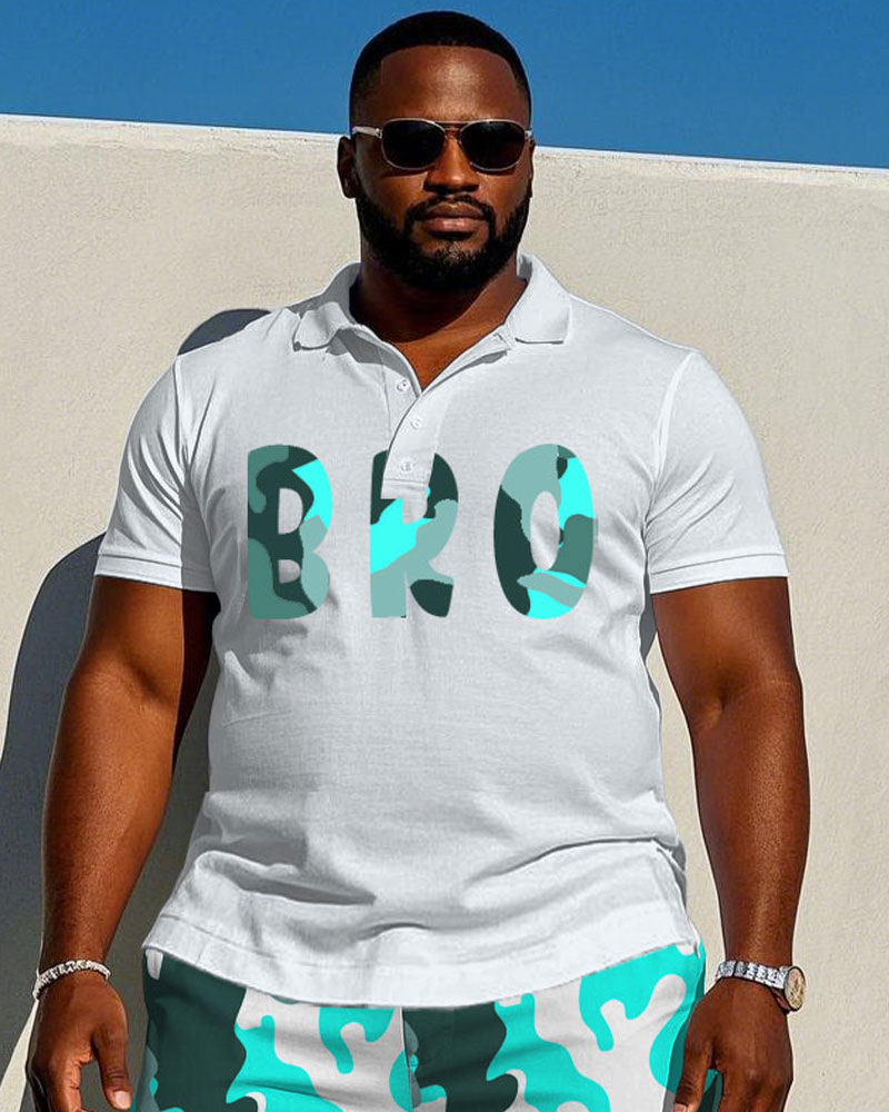 Irregular Geometric Chest "brother" Print Casual Short Sleeve POLO Shorts Suit Men's Plus Size