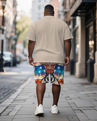 Men's Plus Size Apricot Pixel American Flag Cartoon Dog Print Short Sleeve T-Shirt Shorts Suit