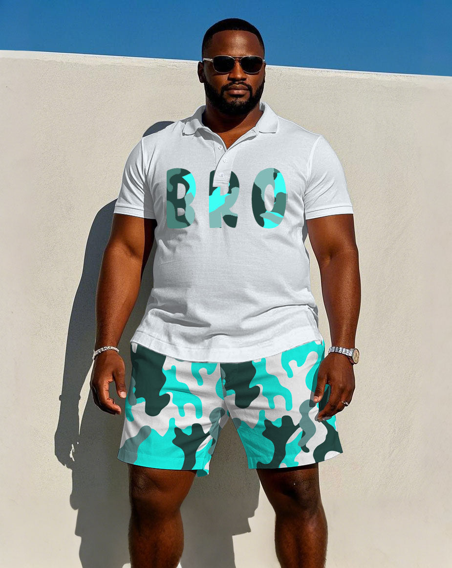 Irregular Geometric Chest "brother" Print Casual Short Sleeve POLO Shorts Suit Men's Plus Size