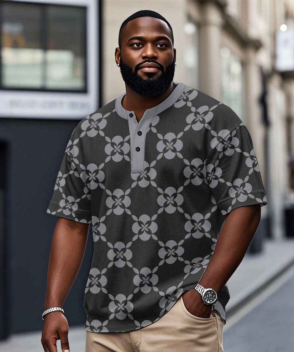 Men's Plus Size Daily Casual Black Grey Diamond Geometric Print Henry Collar Button Short Sleeve T-Shirt