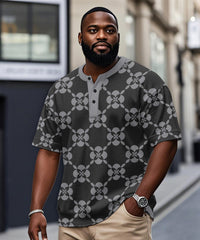 Men's Plus Size Daily Casual Black Grey Diamond Geometric Print Henry Collar Button Short Sleeve T-Shirt