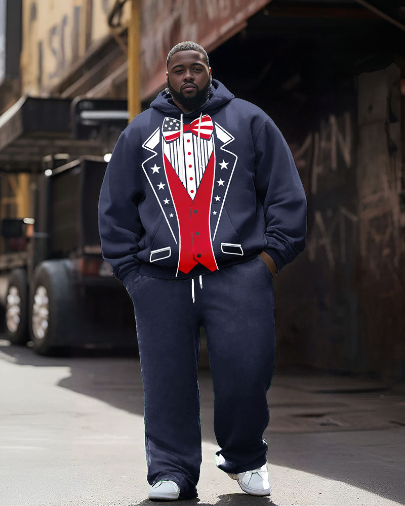 Men's Plus Size Navy Blue American Flag Design Suit Pattern Print Hoodie Set