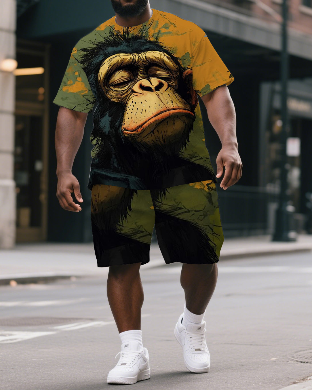 Big & Tall Men's Melancholy Gorillas in Ink Painting Summer Short Sleeve T-shirt and Short Set
