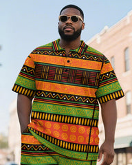 Big & Tall Men's Business Green Orange Colorblock Geometric Print Short Sleeve Polo Shirt Shorts Suit