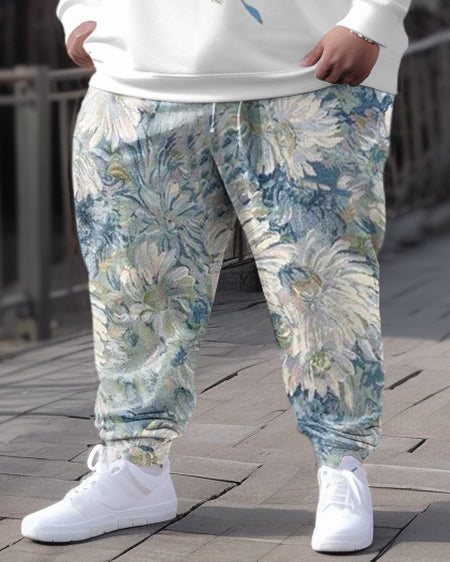 Men's Big and Tall Casual Retro Wild Rose Floral Contrast Color Hoodie Set