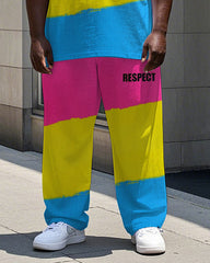 Big Men's Casual Bright Color Block Letter RESPECT Printed Short Sleeve T-shirt Pants Set