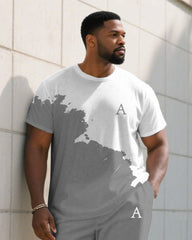 Men's Plus Size Grey & White Distinctive Graffiti Top Small Label Printed Short-Sleeved T-Shirt Trousers Suit