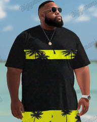 Big Men's Hawaiian Tropical Yellow Coconut Tree Patchwork Print Short Set
