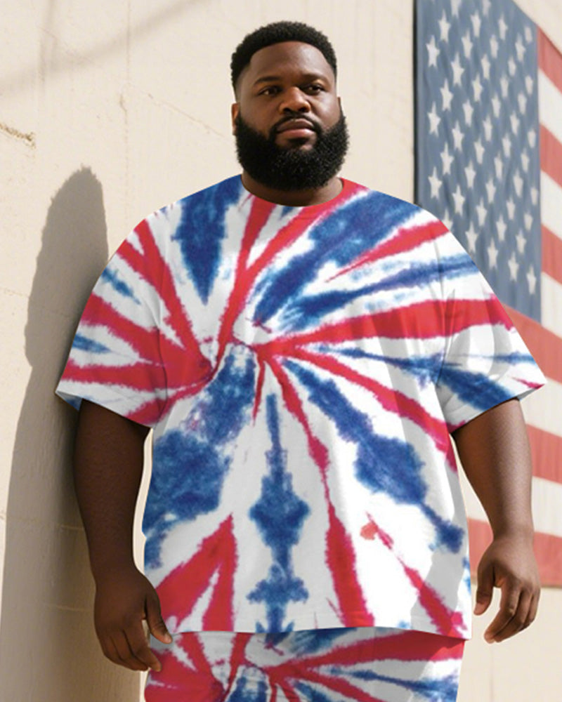 Men's Plus Size Independence Day Tie-dye Color Block Red And Blue Printed T-shirt Trousers Suit
