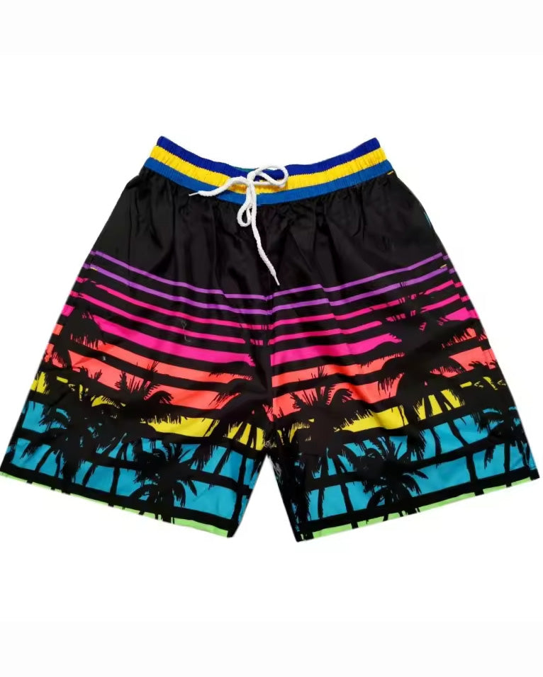 Big & Tall Men's Hawaii. Striped Black Layered Dusk Gradient Coconut Tree Seaside Beach Pants