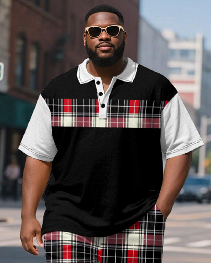 Big & Tall Men's Business Black And Red Color Block Plaid Printed Short Sleeve Polo Shirt Shorts Suit