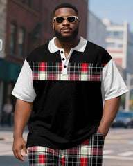 Big & Tall Men's Business Black And Red Color Block Plaid Printed Short Sleeve Polo Shirt Shorts Suit