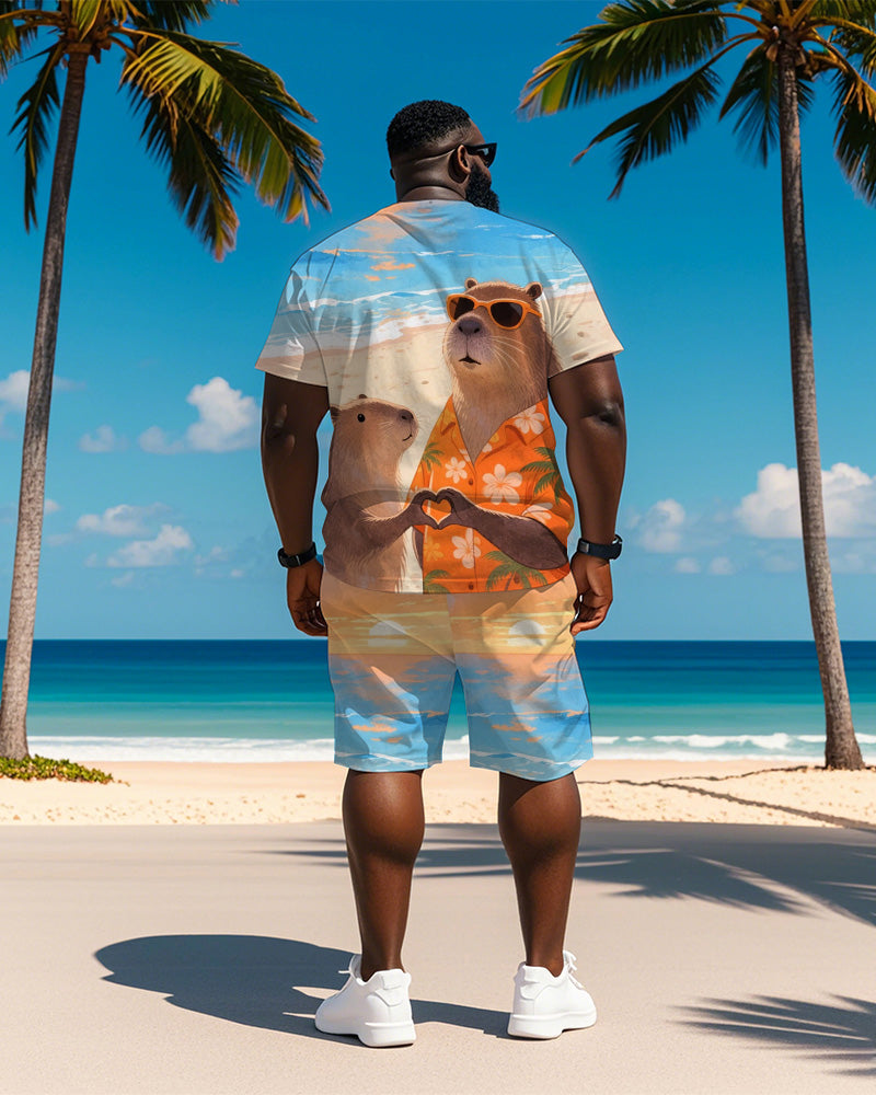 Men's Plus Size Hawaiian Orange Capybara Love Print Short Sleeve T-Shirt Shorts Suit