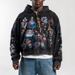 Big & Tall Men's JESUS Multiple Printed Black Wash Zip Hoodie
