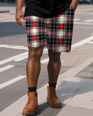 Big & Tall Men's Business Black And Red Color Block Plaid Printed Short Sleeve Polo Shirt Shorts Suit