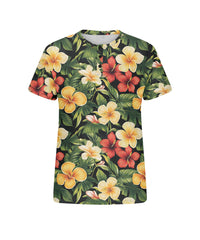 Men's Plus Size Hawaiian Red And Yellow Floral Print Henry Collar Button Short Sleeve Tee
