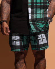Big Guys Simple Plaid Pattern Stitching Short Sleeve Shirt Shorts Set