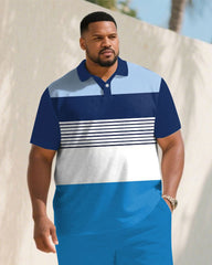 Big & Tall Men's Summer Blue Striped Colorblock Polo Short Sleeve Shirt Shorts Suit