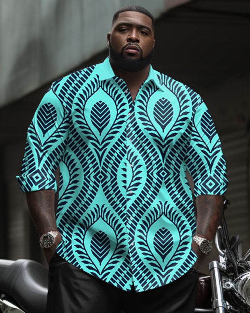 Big Men's Casual Business Retro Pattern Printed Long Sleeve Shirt Trousers Set