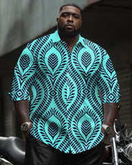 Big Men's Casual Business Retro Pattern Printed Long Sleeve Shirt Trousers Set
