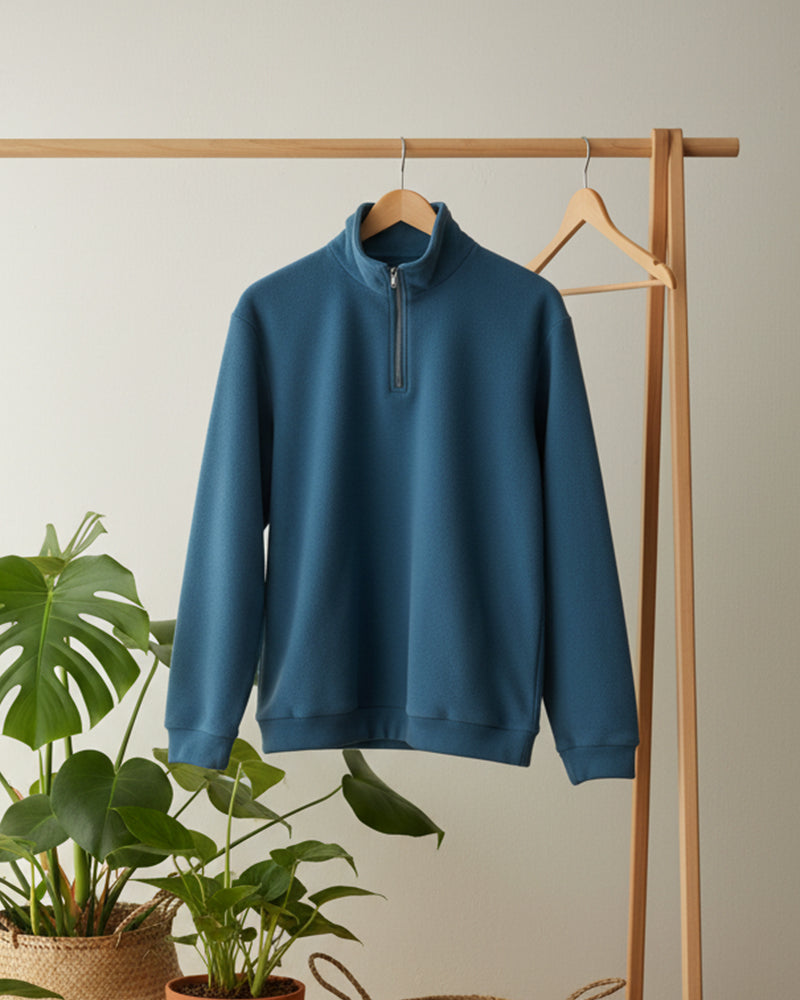 Big & Tall Men's Blue-Fall/Winter Solid Color Polar Fleece Fabric Metal Zipper Collar POLO Long Sleeve