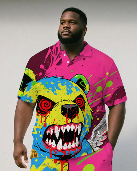 Big & Tall Man's Fierce Cartoon Bear Ink Splash Printed Short-Sleeve Polo Shirt & Shorts Set
