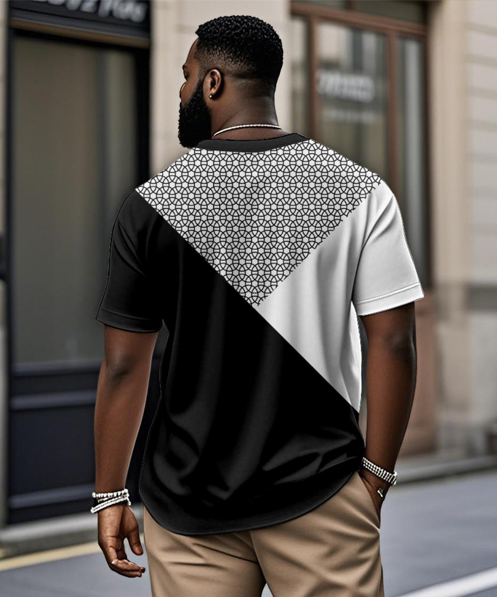 Men's Plus Size Black And White Color Block Geometric Print Henry Collar Button Short Sleeve T-shirt