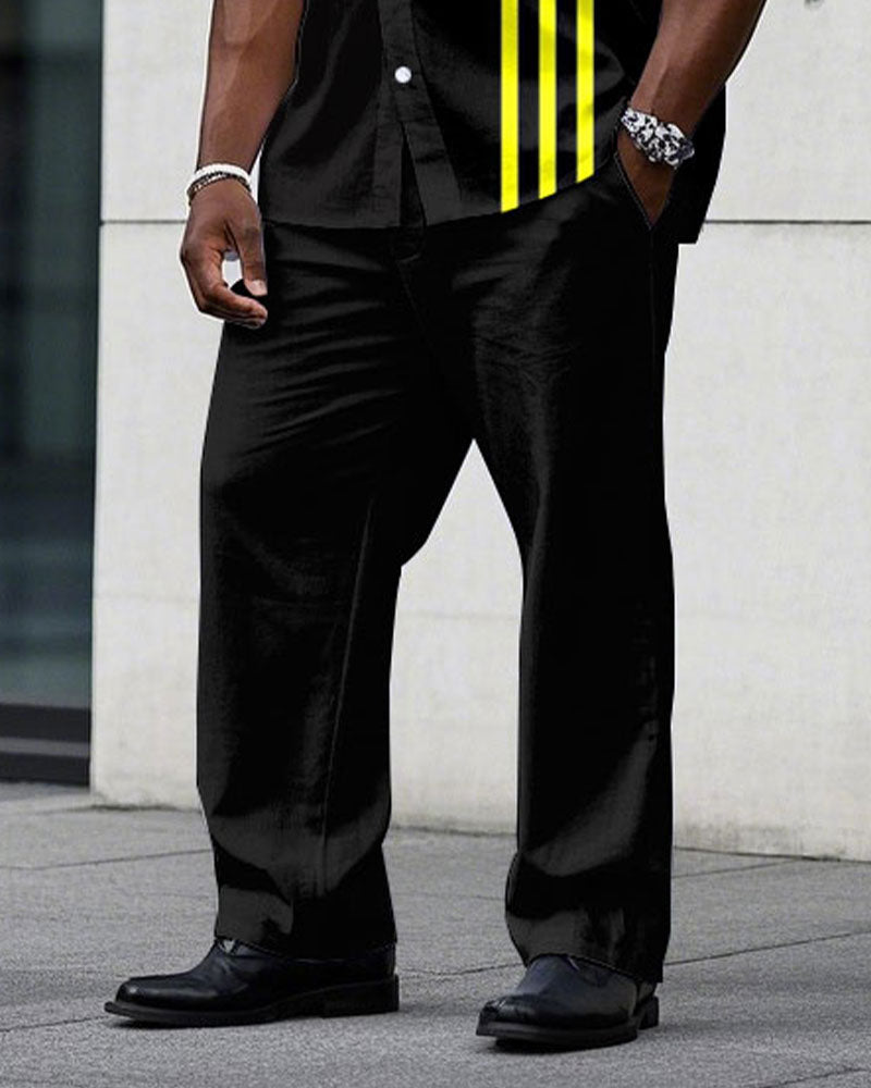Men's Plus Size Simple Black & Yellow Color Matching Stitching Short-sleeved Shirt Trousers Suit