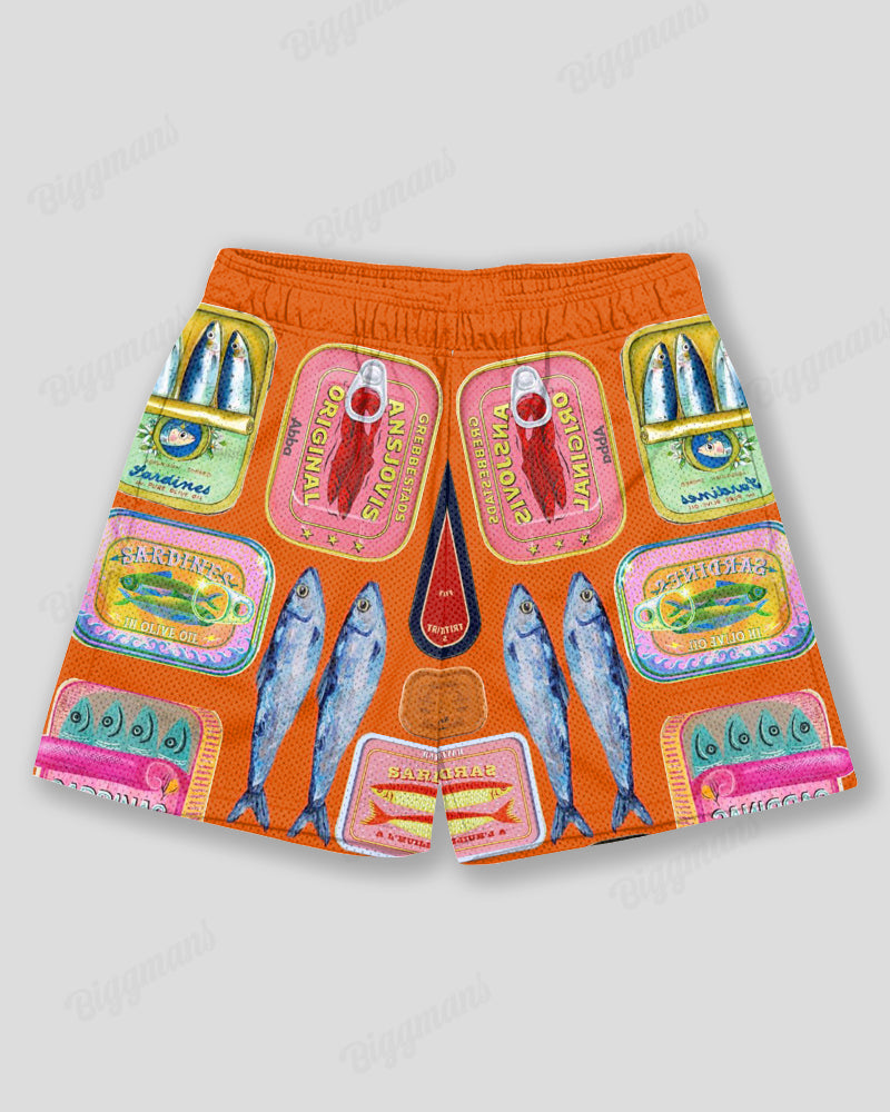 Big & Tall Men's Hawaiian Orange Graffiti Vintage Sardines Canned Print Sports Mesh Quick-Dry Shorts
