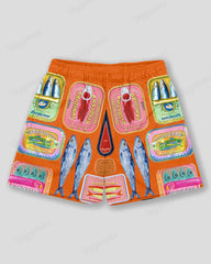 Big & Tall Men's Hawaiian Orange Graffiti Vintage Sardines Canned Print Sports Mesh Quick-Dry Shorts