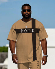 Men's Plus Size Khaki Color Block Logo Print Short-sleeved T-shirt Trousers Suit