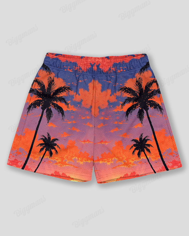 Plus Size Men's Hawaiian Sunset Coconut Tree Print Sports Mesh Quick Dry Shorts