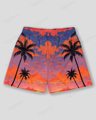 Plus Size Men's Hawaiian Sunset Coconut Tree Print Sports Mesh Quick Dry Shorts