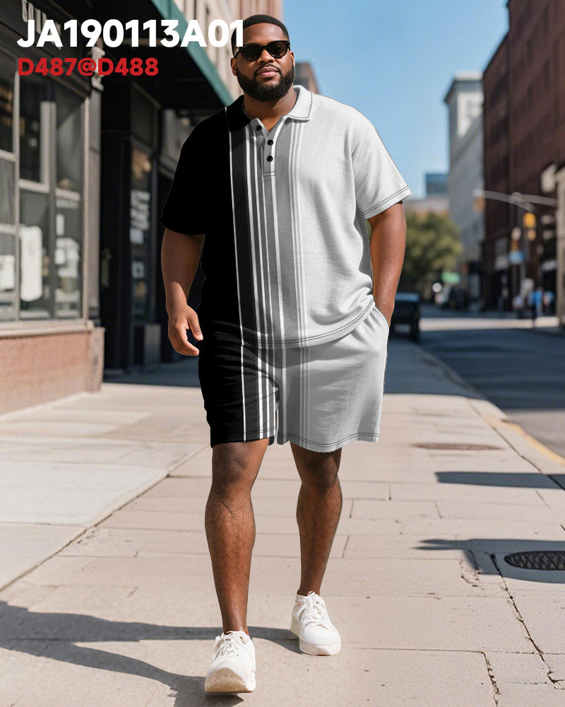 Men's Plus Size Business Black Gradient Stripe Print Short Sleeve Polo Shirt Shorts Suit