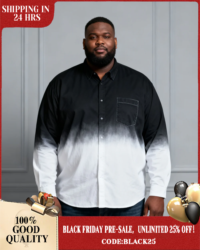 Men's Plus Size Landscape Ink Black & White Gradient Contrast Long Sleeve Lapel Shirt